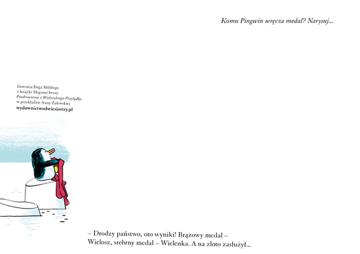 Pingwin siedzący na krze lodowej, trzymający czerwony szalik