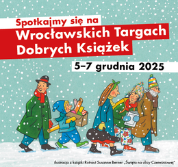 napis spotkajmy się na wrocławskich targach dobrych książek, ilustracja ubrani w zimowe stroje ludzie idą po śniegu