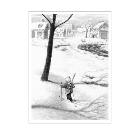 Jeż Jefferson w kurtce i czapce sunie po śniegu na nartach. Na plecach ma łopatę. W tle widać domy.