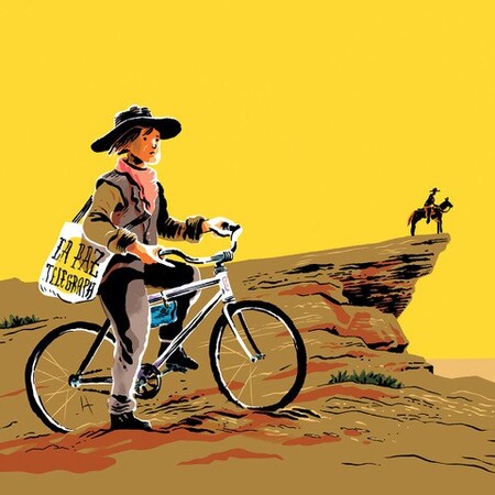 Klif o zachodzie słońca. Na pierwszym planie rowerzysta w kapeluszu, na drugim jeździec na koniu.