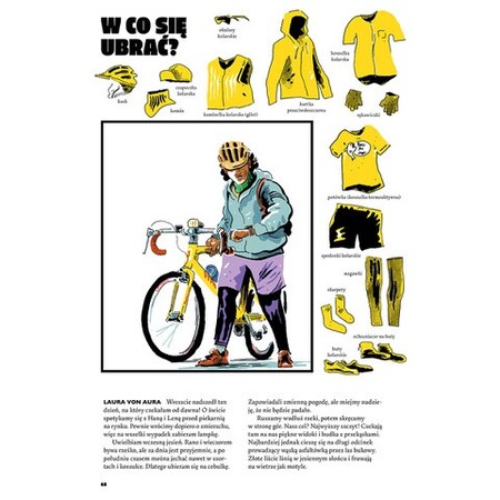 Prowadząca ż&oacute;łty rower rowerzystka w sportowym stroju, ubrana na cebulkę. Wok&oacute;ł gł&oacute;wnej ilustracji przedstawiono poszczeg&oacute;lne części jej stroju z podpisami.