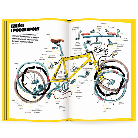 Budowa roweru. Całą rozkład&oacute;wkę zajmuje rozłożony na części ż&oacute;łty rower. Każda część jest podpisana odpowiednią nazwą.