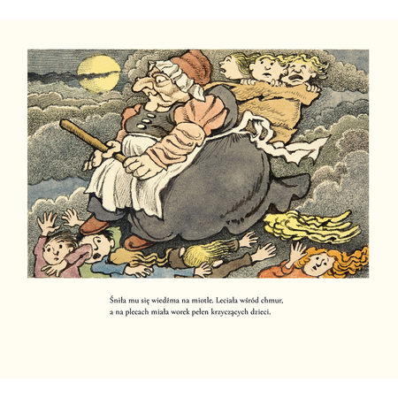 Przerażająca czarownica lecąca na miotle z workiem płaczących porwanych dzieci na plecach. W dole widać inne przestraszone dzieci.