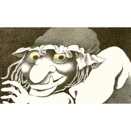 Czarno-biała twarz czarownicy o wytrzeszczonych ż&oacute;łtawych oczach, z brodawką na nosie i chytrym uśmiechem na ustach.