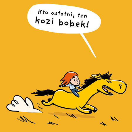 Kucyk Palomino galopuje z dziewczynką Scarlett na grzbiecie. Kopytami wzbija kłęby kurzu.