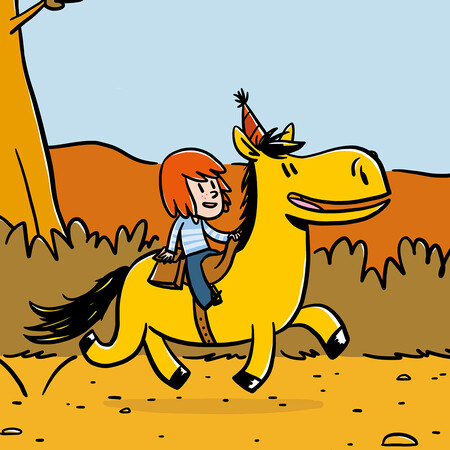 Kucyk Palomino z dziewczynką Scarlett na grzbiecie. Ma na sobie nowe siodło i czapeczkę urodzinową.