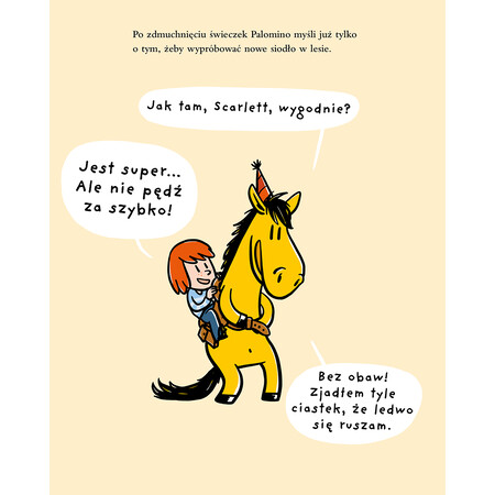 Kucyk Palomino poprawia nowe siodło. Siedzi w nim dziewczynka Scarlett.