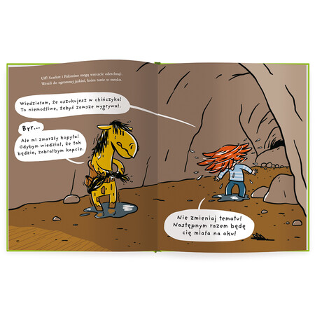 Wnętrze jaskini. Przemoczony i ubłocony kucyk Palomino wyżyma sobie ogon. Dziewczynka Scarlett otrzepuje się z wody.
