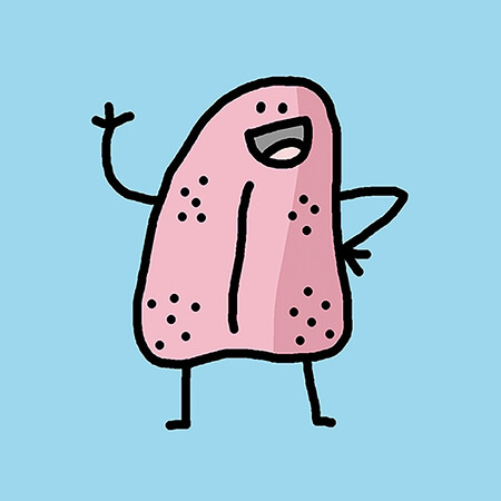 Uśmiechnięty język, kt&oacute;ry macha rękami na pożegnanie.