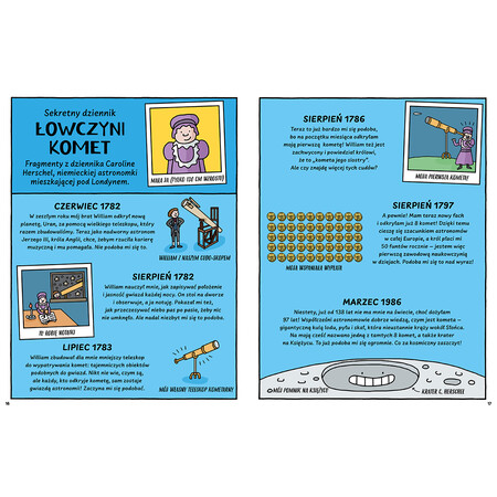 Uśmiechnięta kobieta w staromodnej fioletowej sukni i czepku na głowie, poniżej jej brat w staromodnym stroju, obok duży teleskop, poniżej mniejszy teleskop. Kobieta w fioletowej sukni z ucieszoną miną patrzy przez teleskop, poniżej dużo złotych monet, poniżej krater na Księżycu.