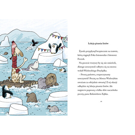 Wielorybi Przylądek. Bryły lodu ozdobione kolorowymi girlandami. Wśr&oacute;d nich, na morzu: rekin Renio Ząbek, pingwiny i foki. Na tratwie siedzi Żyrafa w czerwonej czapce uszance i szaliku. Na drugim planie ogon wieloryba.