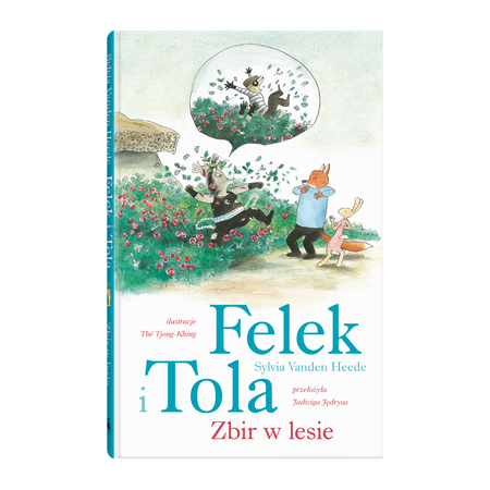 Okładka książki "Felek i Tola. Zbir w lesie". Ubrany w czarny str&oacute;j motocyklowy dzik Dzidek stoi w krzakach r&oacute;ży i wymachując rękami i nogami opowiada zajączce Toli i lisowi Felkowi, jak bił się ze zbirem Kundlem. Felek ma na sobie czarne spodnie i błękitną koszulkę z długim rękawem. Tola jest ubrana w sięgającą do kolan r&oacute;żową sukienkę z długimi rękawami. W komiksowym dymku nad Dzidkiem widać Kundla, w pasiastej bluzie i czarnej masce, wyrzucanego z krzak&oacute;w r&oacute;ży rękami Dzidka. Felek i Tola słuchają zdumieni.
