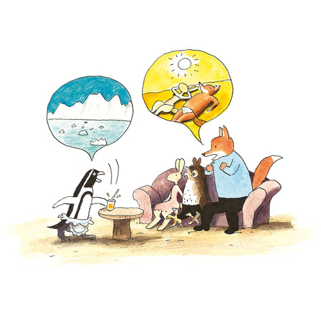 Ubrana w biały fartuszek pingwinka Pinga Winga  stoi przy stoliku, na kt&oacute;ry właśnie odstawiła szklankę z pomarańczowym napojem. W dymku nad jej głową widać morze z krą i g&oacute;rą lodową. Na kanapie po prawej siedzą Tola, puchacz Henio i Felek. Słuchają pingwinki zdziwieni. W dymku nad głową Felka widać Felka i Tolę wylegujących się w kostiumach kąpielowych na słonecznej plaży.