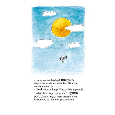 Na błękitnym niebie unosi się wśr&oacute;d białych chmur pomarańcza opasana czerwoną kreską. Poniżej widać spadającą w d&oacute;ł Pingę Wingę.