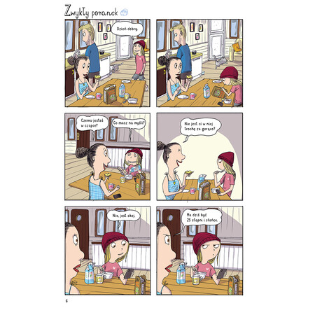 Rozdział Zwykły poranek. Mama i Mira siedzą przy śniadaniu w kuchni i rozmawiają. Mira ma na głowie wełnianą czapkę.