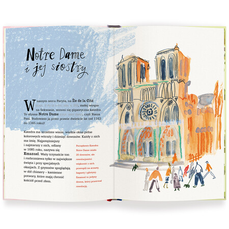 Katedra Notre Dame utrzymana w pomarańczowo-złotej kolorystyce, przed katedrą grupka przechodni&oacute;w.